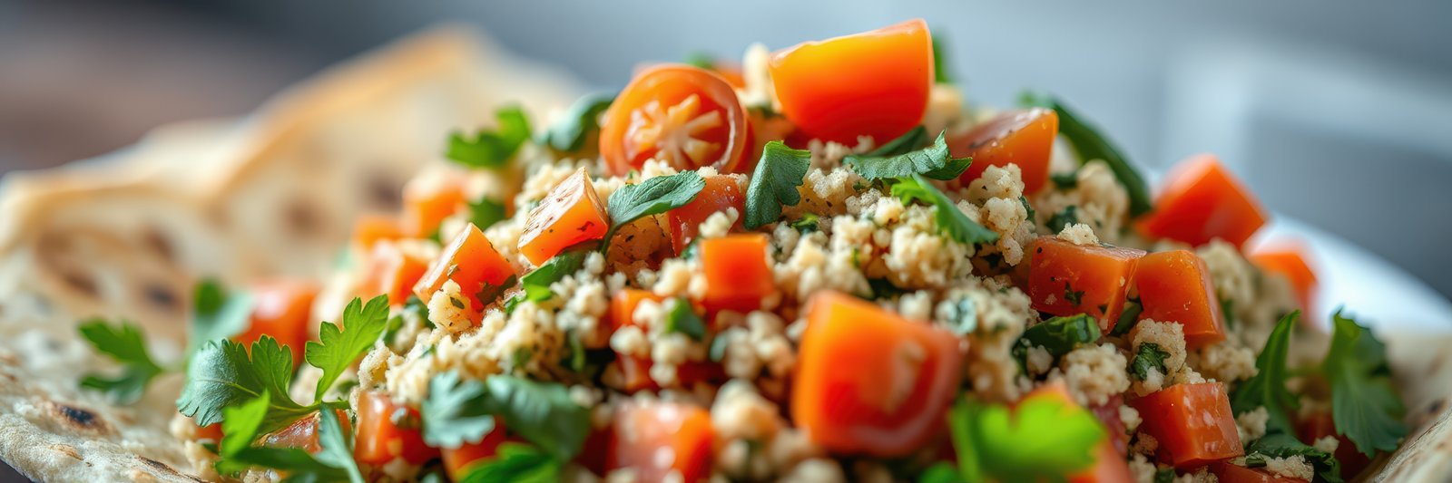 Freshly prepared couscous salad with colorful vegetables served on a traditional plate at a cozy restaurant